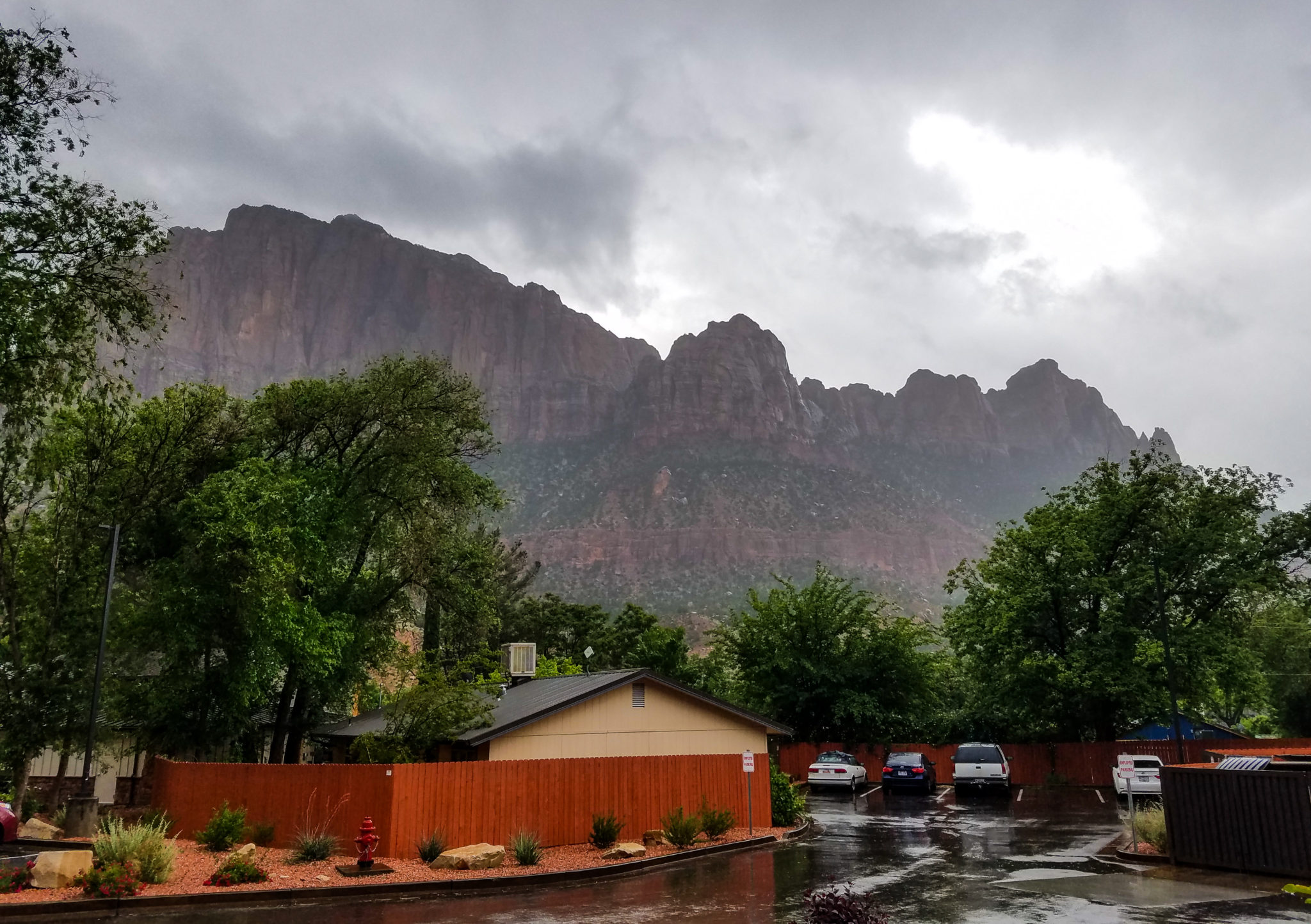 A view from our hotel patio. Even in the rain with overcast skies, Zion National Park looks amazing!