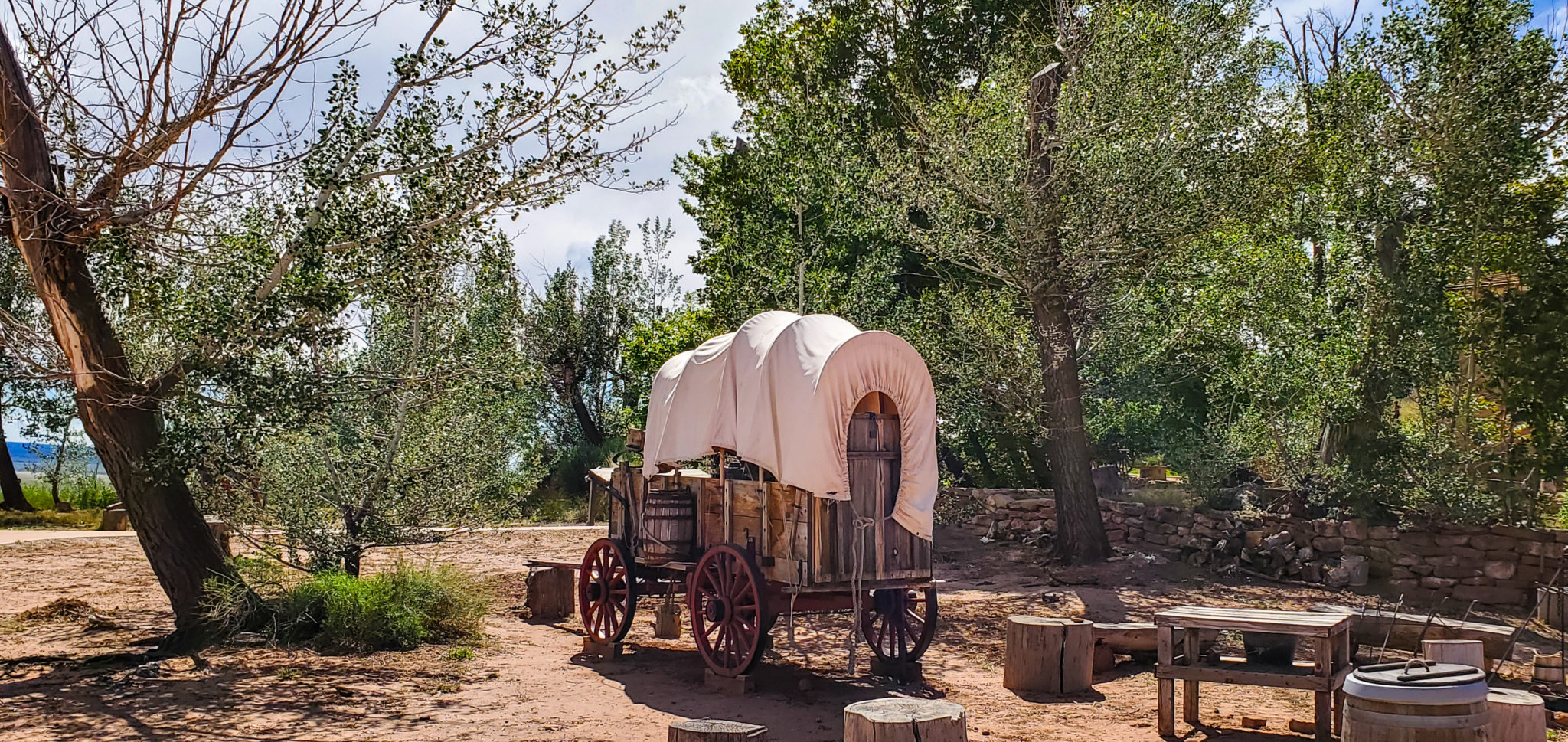 Outdoor displays of wagons and dwellings are neat to see when you visit Pipe Spring National Monument in Arizona.
