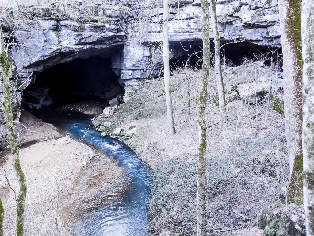 Stream running into cave at Russell Cave in Alabama