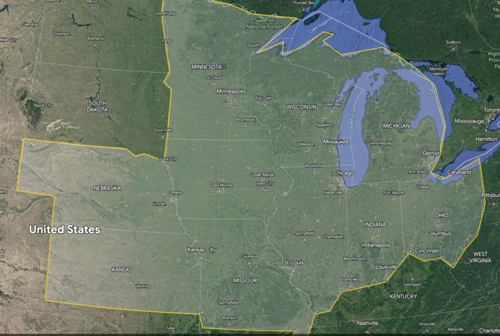 Map of Midwest States with Cities