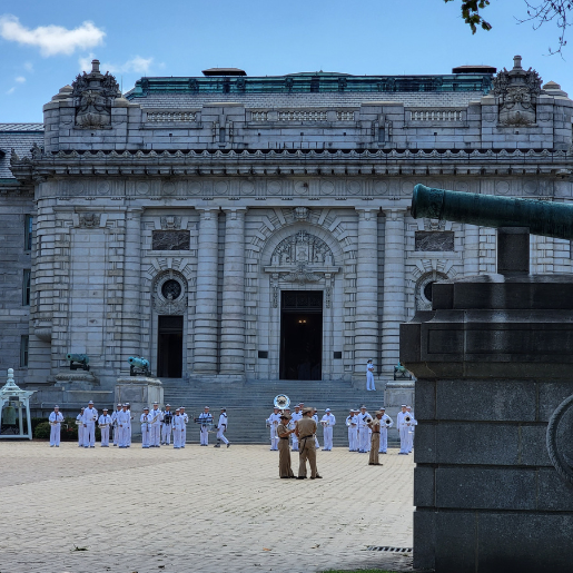 Preparing for the noon formation outside of Bancroft Hall at the US Naval Academy in Annapolis, Maryland.
